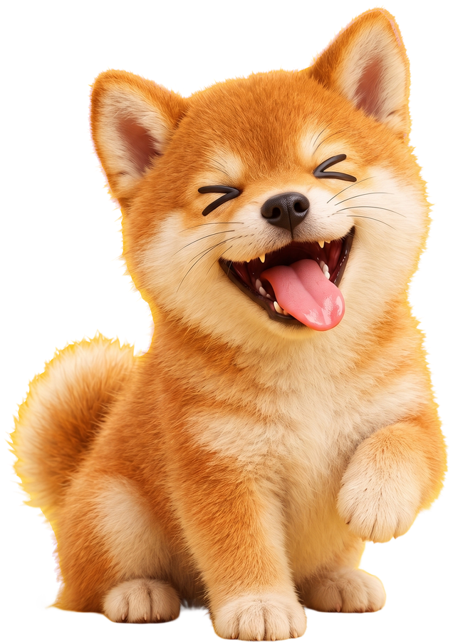 A shiba puppy laughing with its eyes squeezed shut and its tongue out, one paw up